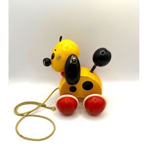 Brio Wood Yellow Red Black Puppy‎ Dog Pull Along Toy Vintage